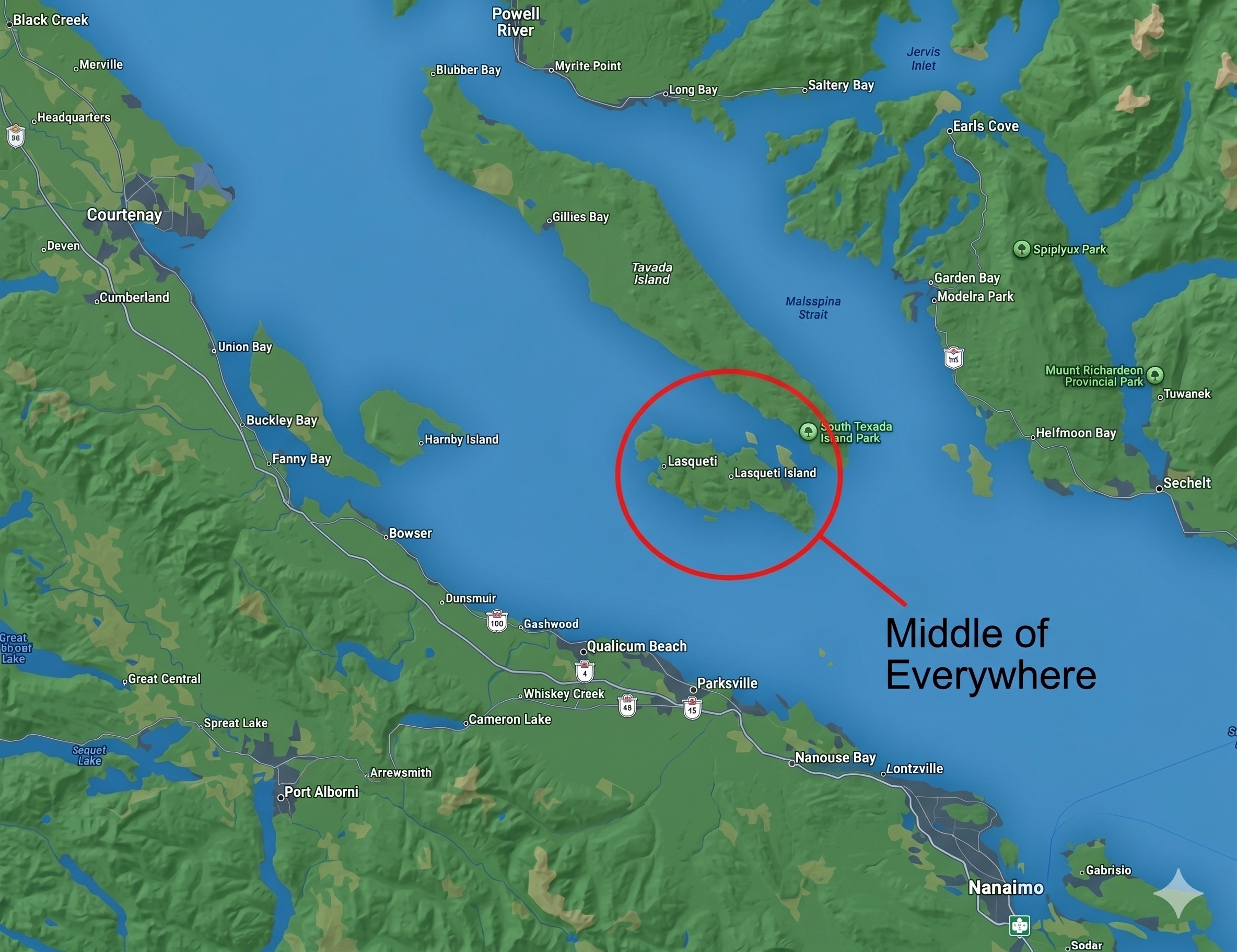 Map showing Lasqueti Island in the Strait of Georgia, between Vancouver Island and the British Columbia mainland. Labelled 'Middle of Everywhere'.